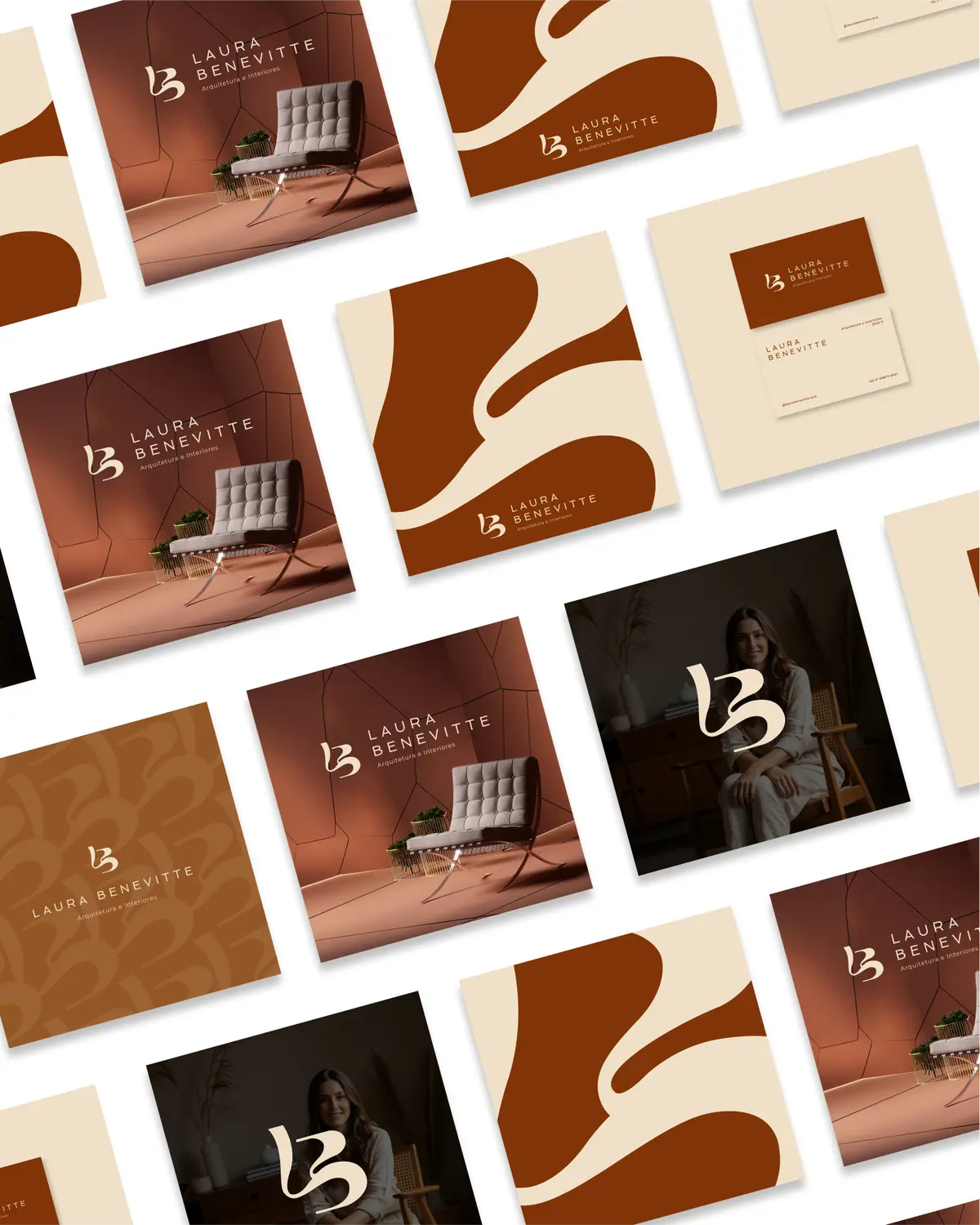 Posts para Instagram em terracota, bege e preto, com ambientes e o monograma.