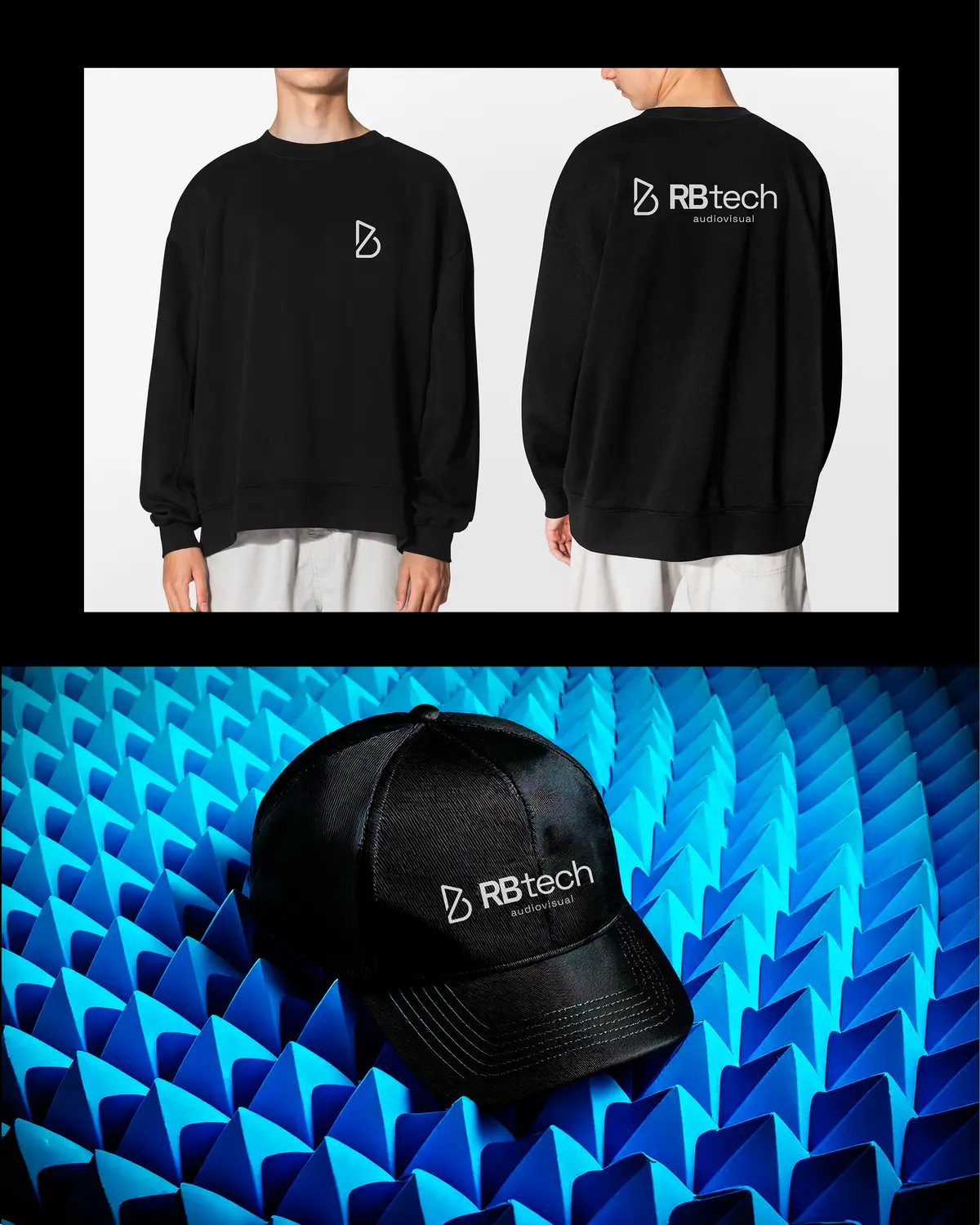 Moletom preto e boné com o logo da RB Tech.