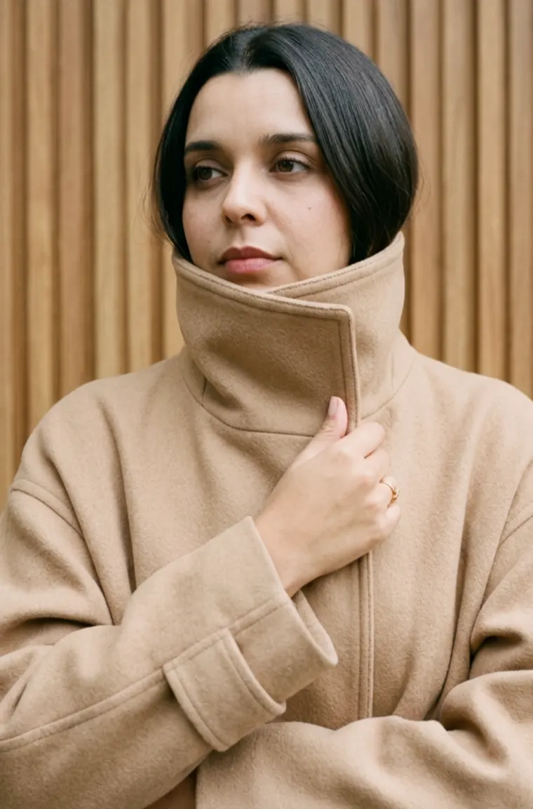 Patrícia Côrtes, de casaco camelo com a gola erguida, diante de um painel ripado de madeira.
